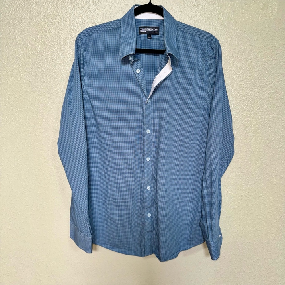 Thomas Payne London Blue Micro Check Dress Shirt Men’s Medium Long Sleeve